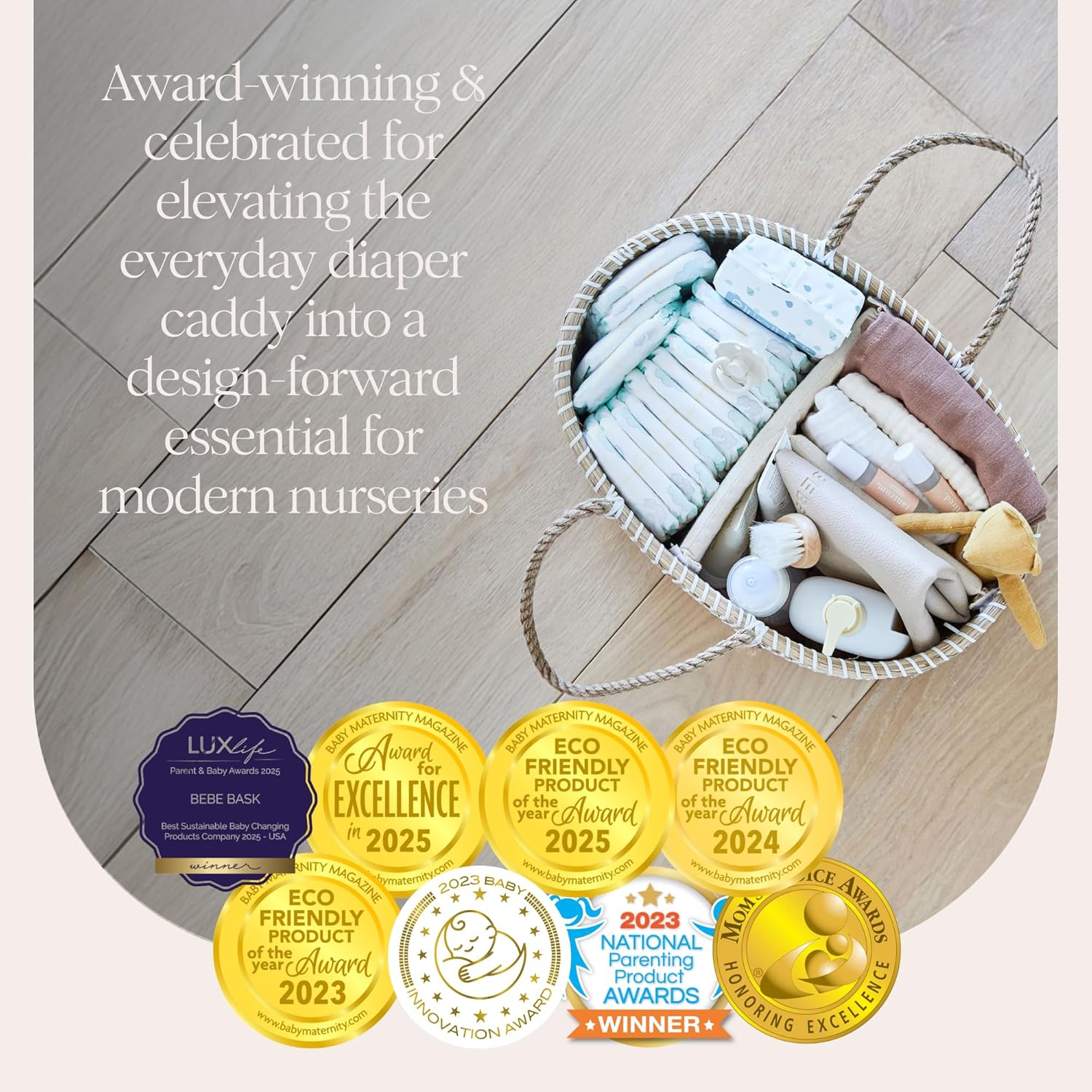 Premium Baby Diaper Caddy Organizer - Handmade - Seagrass Basket With Cotton Divider - Award-Winning & Luxury Diaper Caddy Basket - White (NATURAL)
