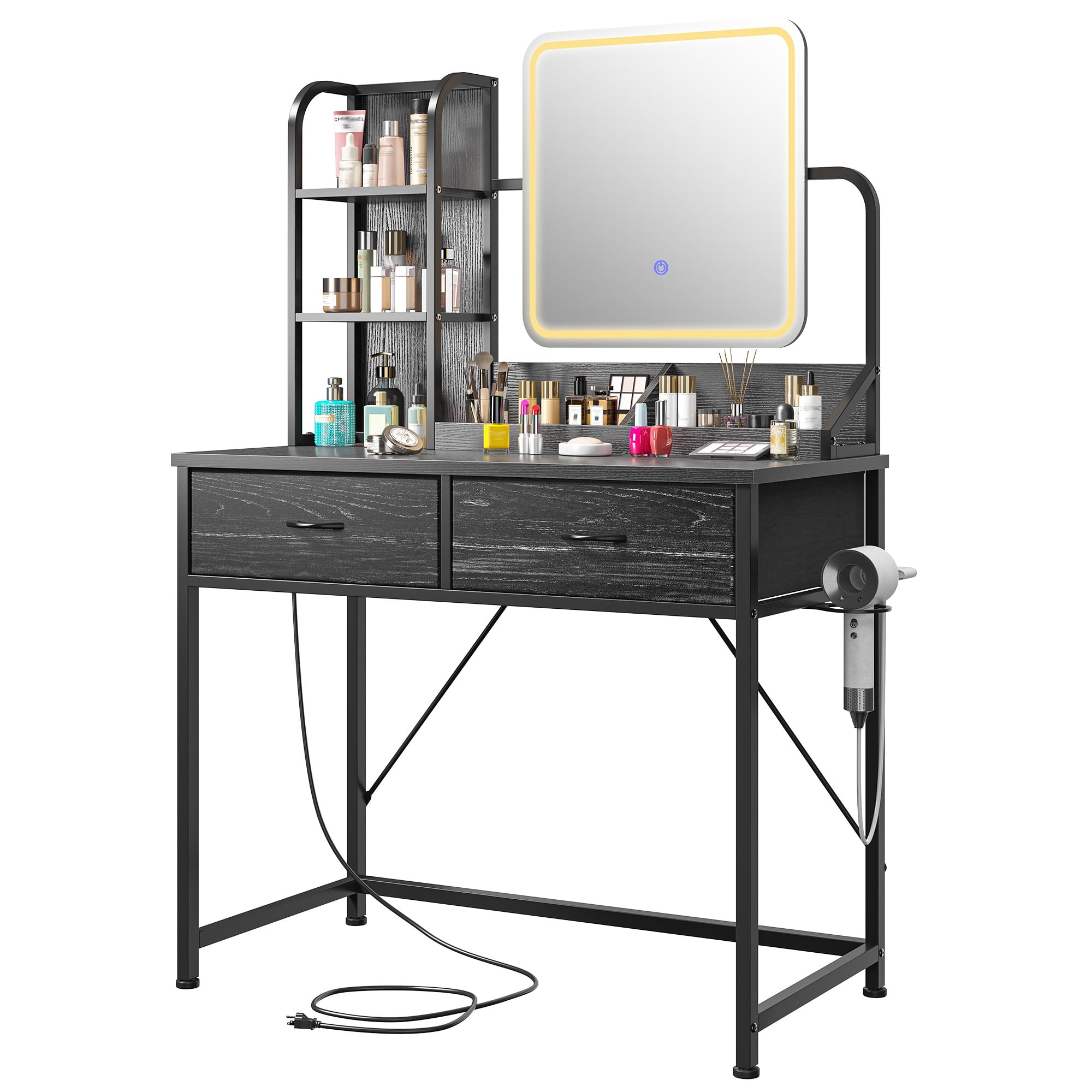Makeup Vanity Table for Small Spaces Dressing Table with Mirror & LED Lights Makeup Desk with 2 Fabric Drawers & USB Port for Bedroom, Black