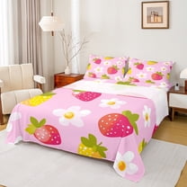 Manfei Cartoon Red Strawberry Queen Sheet Sets, Cherry Blossoms Floral Flat Sheet, Teen Kid Child Queen Fitted Sheet, Breathable Home Decor, 4pcs