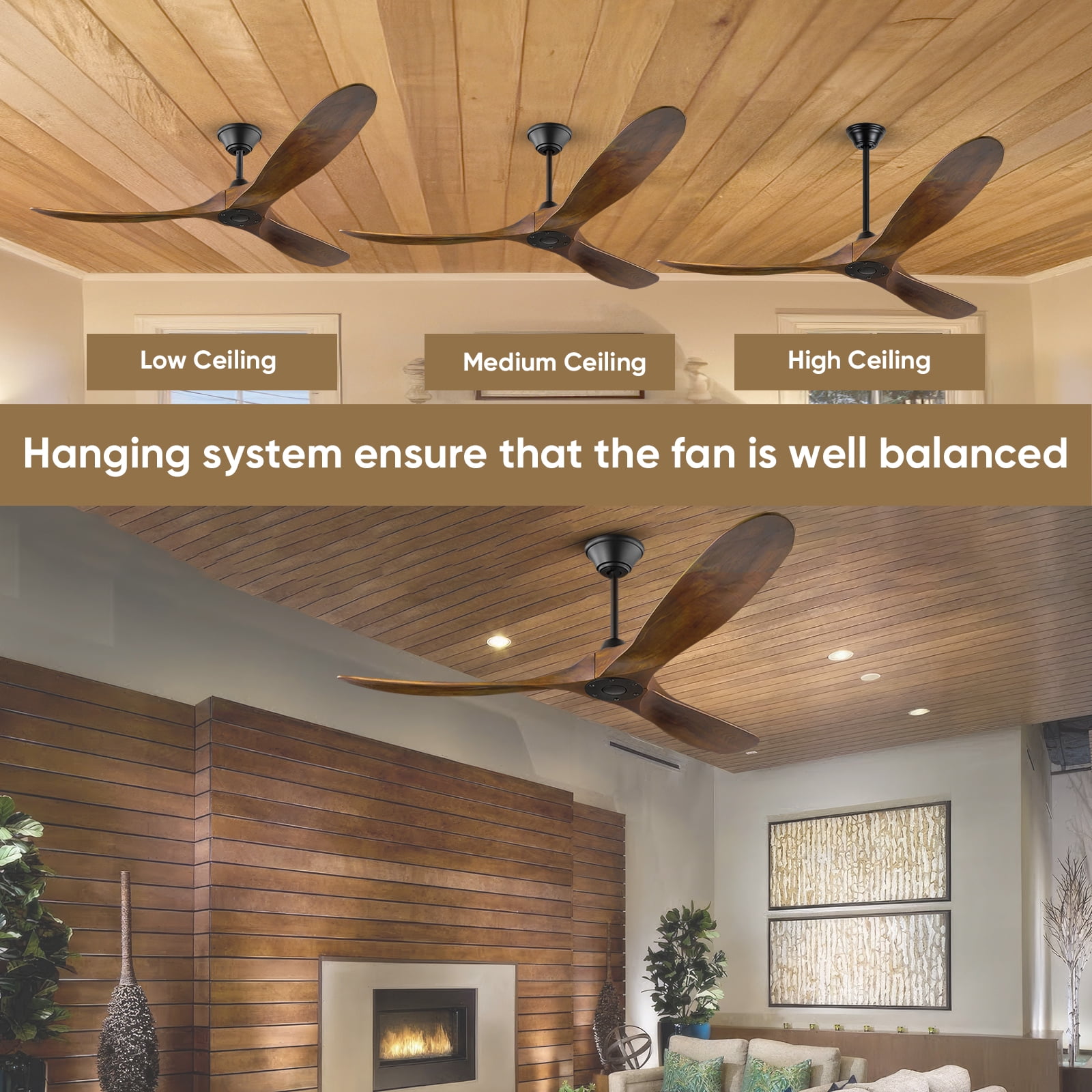 52 inch Wood Ceiling Fan No Light, Remote Control 1/4/8H Timer, 6 Speed Quiet Reversible DC Motor