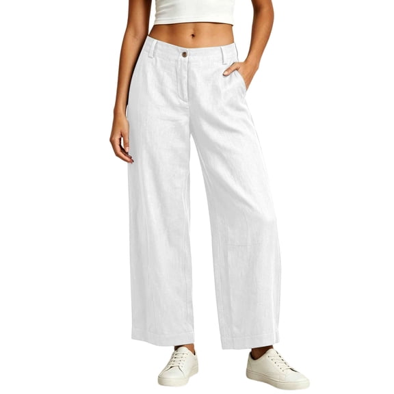 Wide Leg Cotton Pants for Women Zipper Front Straight Dress Pants Business Casual Summer Trousers with Pockets