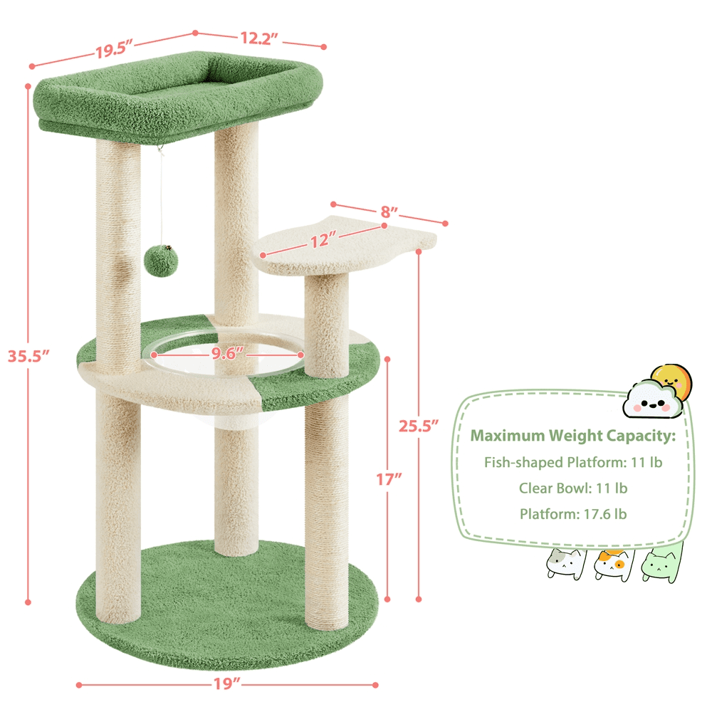 Alden Design 35.5″H Ocean Cat Tree with Padded Perch Natural Sisal for Kittens, Army Green/Beige