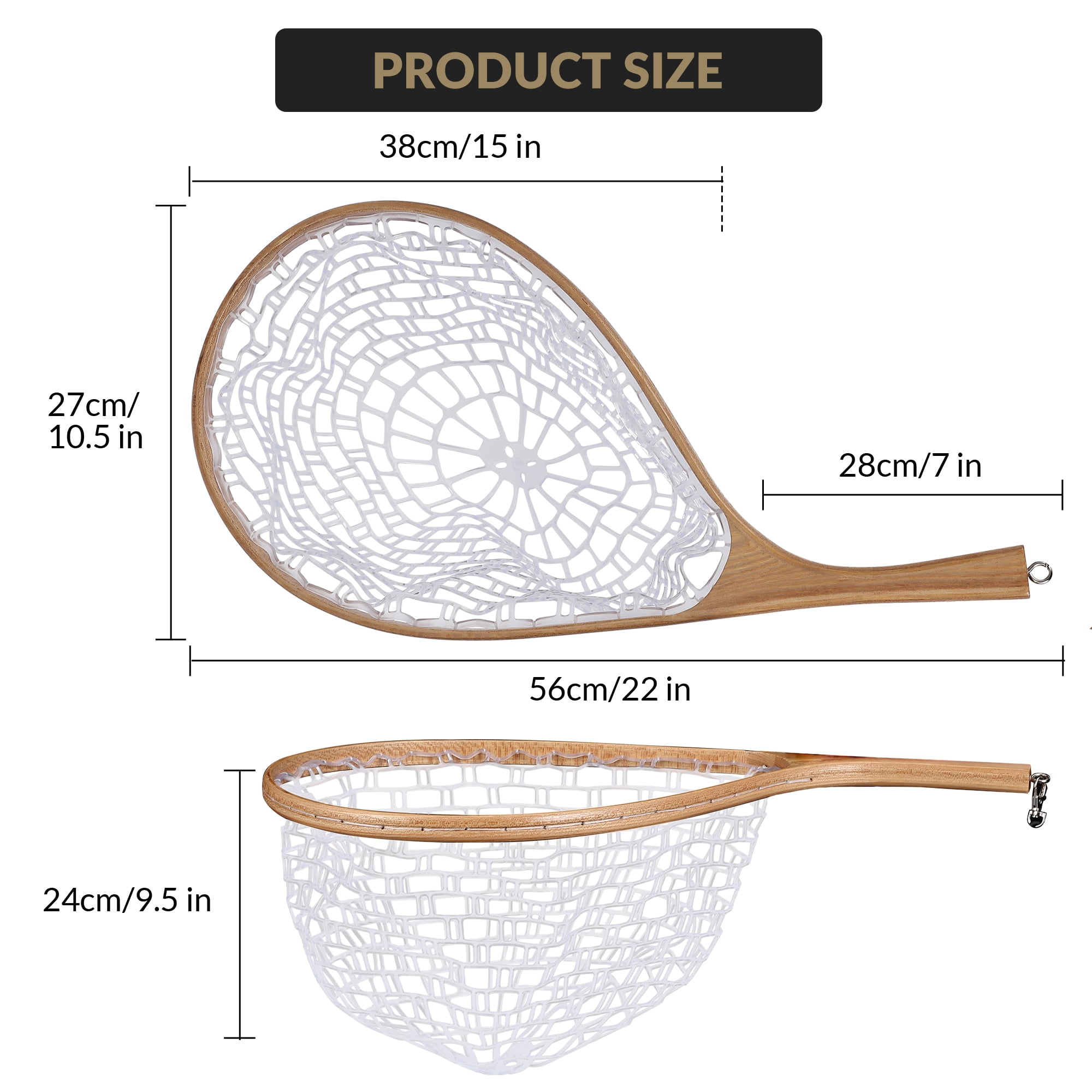 Fly Fishing Net Trout Net, Wooden Frame Landing Net with Soft Rubber Mesh for Catch and Release (Clear Small Holes)