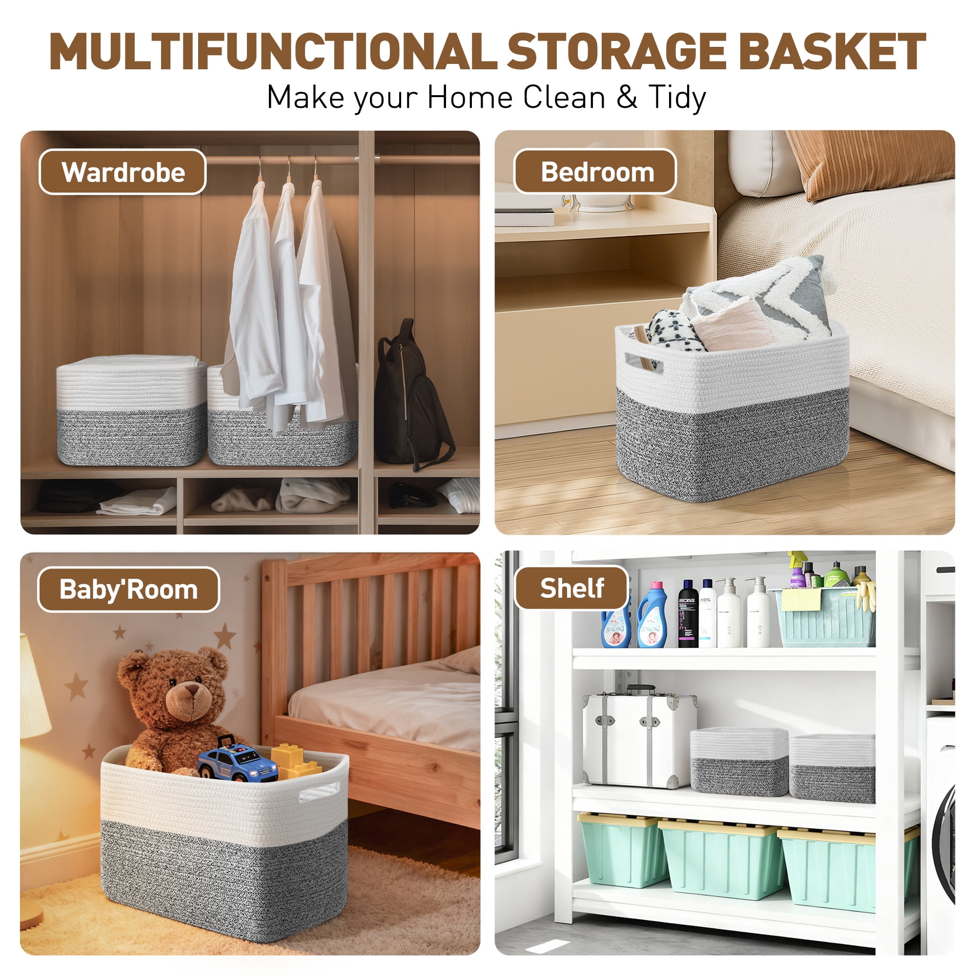 3 Pack Storage Basket, 11"x11"x9" (18L) Rectangle Woven Baskets for Storage, Cotton Rope Basket for toys, Towel Baskets, Closet Organizer Bins Shelves Organizer, Decorative Basket(Gray& White)