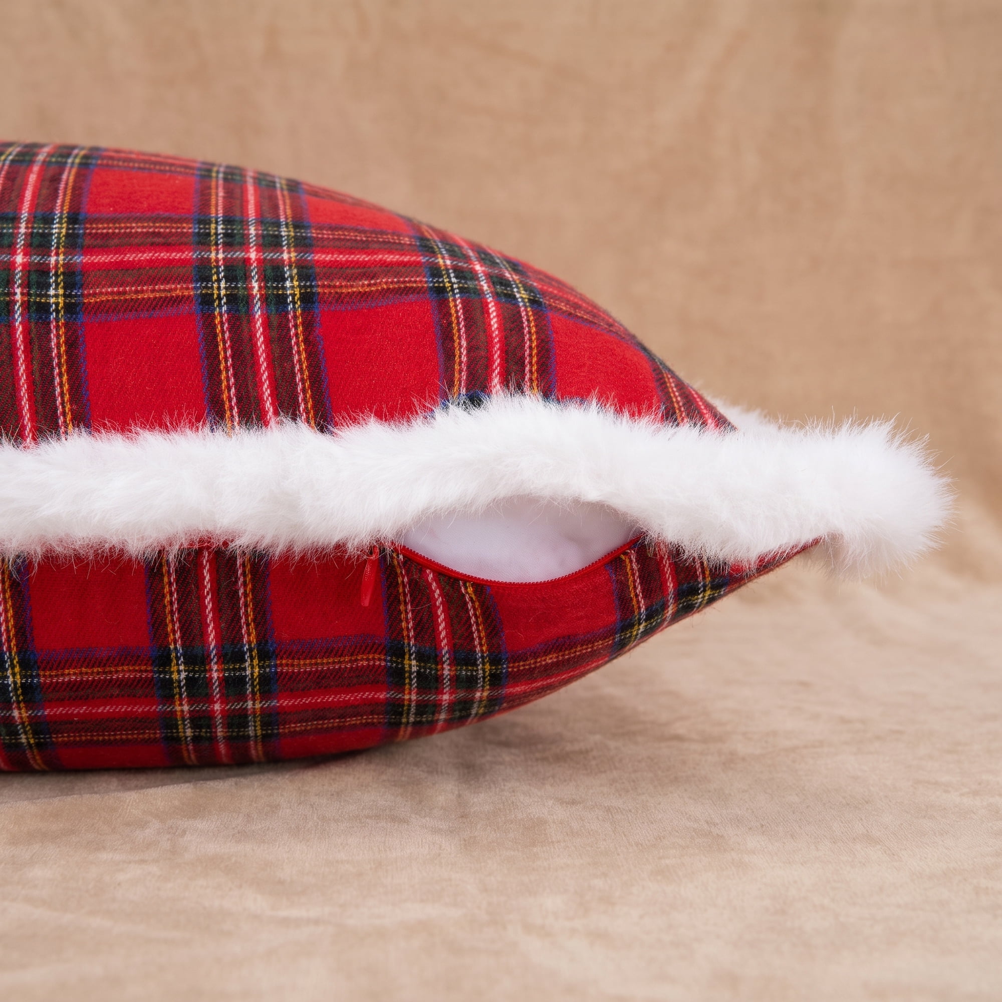 Unique Bargains Plaid Throw Pillow Covers Tartan Cushion Cases Red Plaid Fur Trim 18"x18"