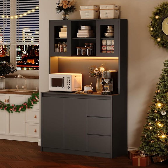 Black Kitchen Pantry Cabinet with Charging Station, Tall Storage Cabinet with Countertop and LED Lights, Pantry with Drawers and Glass Doors