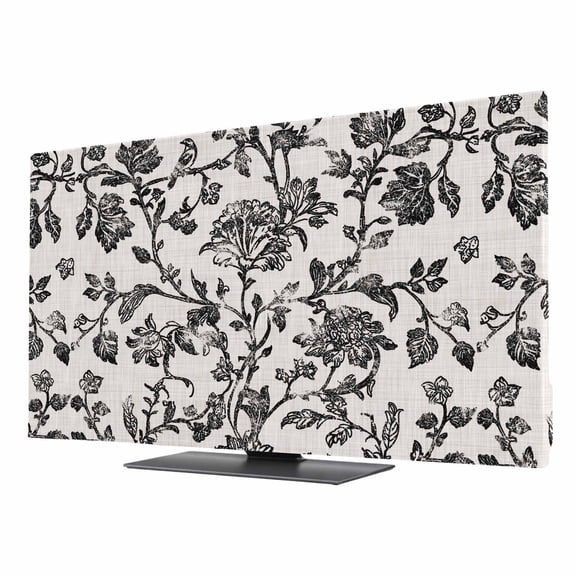 Indoor TV Cover 55 Inch, Farmhouse Black Elastic Monitor Dust Covers for Television, Desktop Computer Vintage Flower Leaf Botanical Plant Dustproof Fitted TV Cover for Inside 47.9"L x 26.9"H