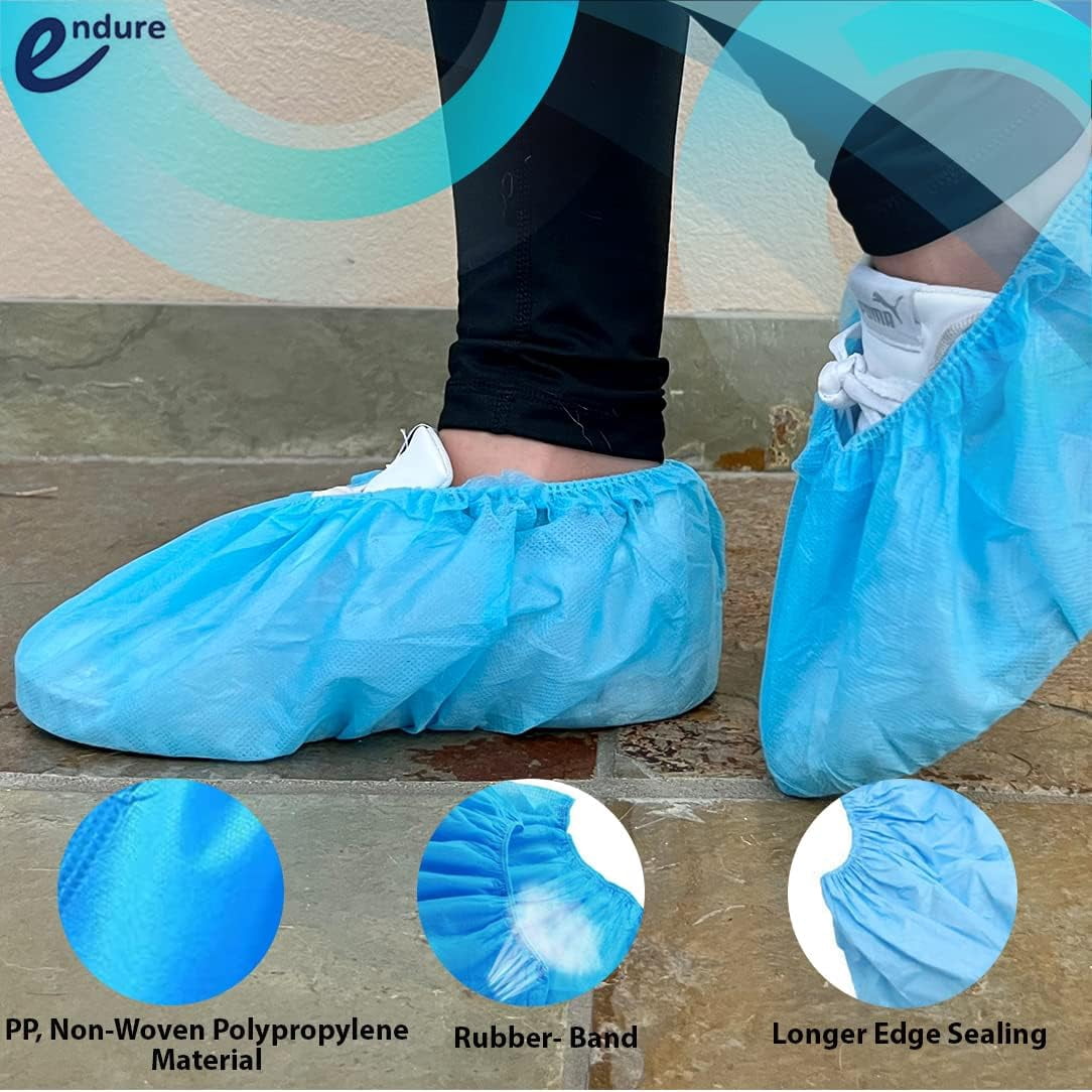 Endure Medical Supply Combo, Disposable Bouffant Cap 24” Pack of 100, Anti-Skid Shoe Cover Blue Pack of 100, Disposable Blue Ear Loop Face Mask Pack of 50 & Face Shield Pack of 5
