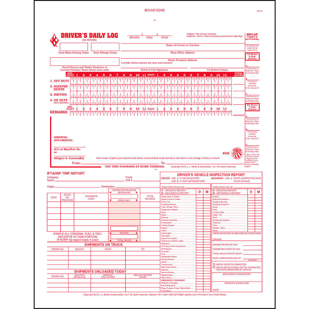 5-in-1 Driver Daily Log Book 10-pk. with Detailed DVIR, Daily Recap, Shipments Records & Trip Report - Book Format, 2-Ply Carbonless, 8.5" x 11", 31 Sets of Forms Per Book - J. J. Keller & Associates