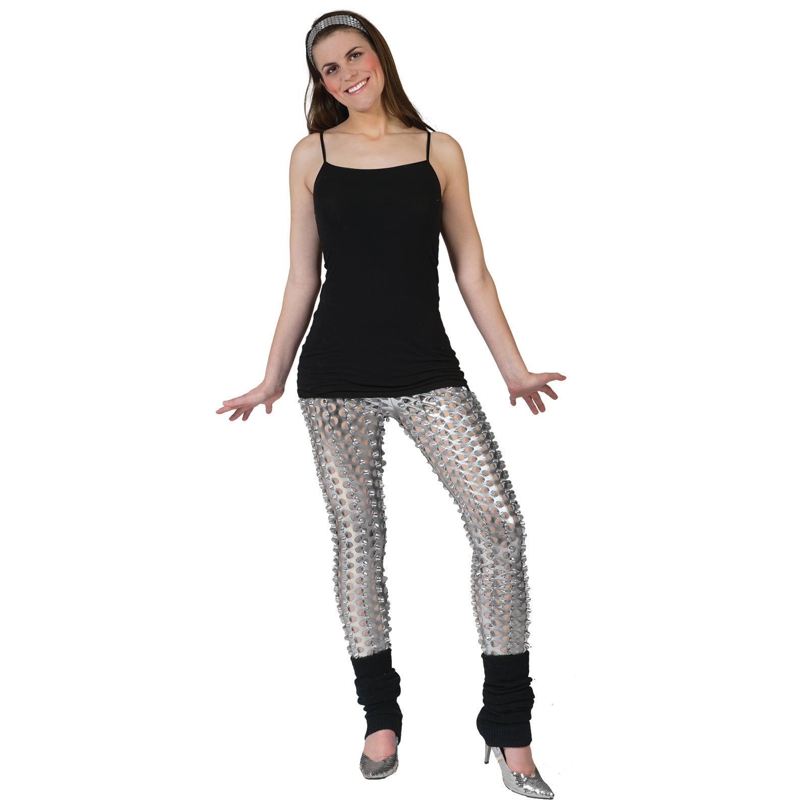 Funny Fashion Metallic Shiny 80s Holes Leggings, Silver, OneSize