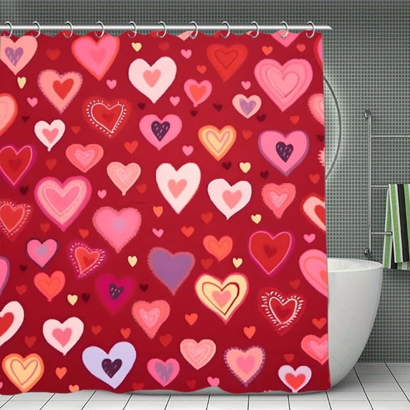 Hearts Pattern Red Love Valentine Print Shower Curtain,Modern Fabric Waterproof Shower Curtain Set with Hooks,70.8×70.8Inch