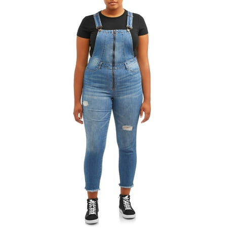 Dollhouse Juniors' Plus Size Zip Front Destructed Denim Overall