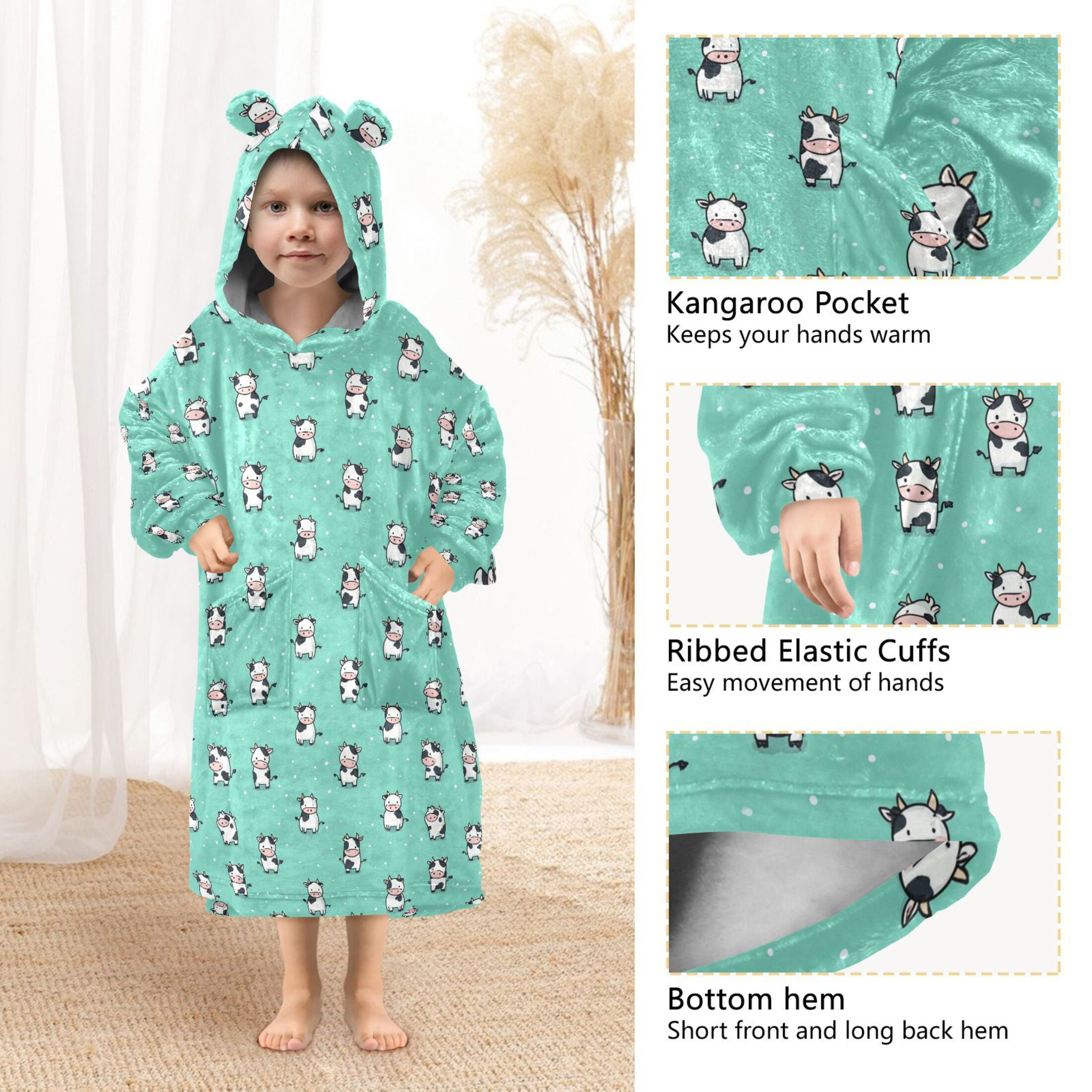 Wearable Blanket Hoodie for Kids Cute Cow Flannel Hooded Blanket with Pockets and Sleeves Suitable for Boys and Girls