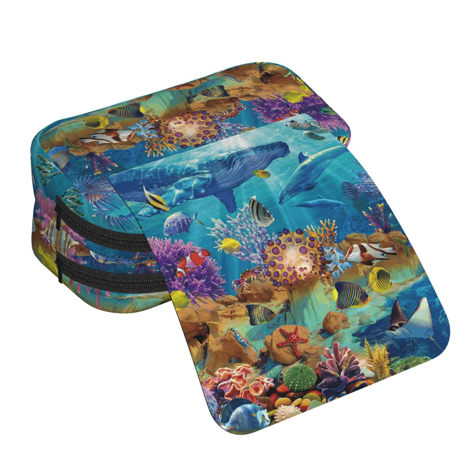Rateoe Sea World Pattern Double Clamshell Pen Case, Storage Organizer with Two Zipper Compartments– Holds Up to 50 Pencils & Pens