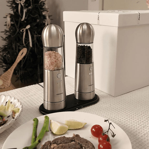 COSPRO 2-in-1 Wireless Charging Salt and Pepper Grinder Set, Stainless Steel Spice Grinder Rechargeable Automatic Pepper Mills, Adjustable Coarseness, One-Hand Operation