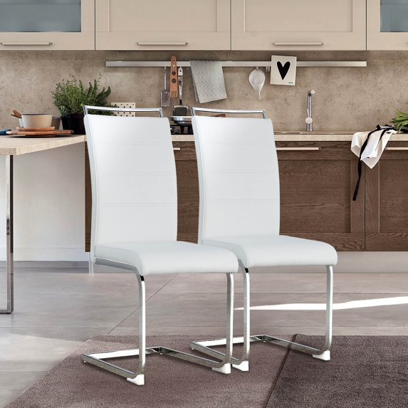 Dining Chairs Set of 2, PU Faux Leather Side Chair with High Back and U-Shaped Metal Legs, Upholstered Kitchen Chair, Modern Armless Chairs for Dining Room, Kitchen, Restaurant, White