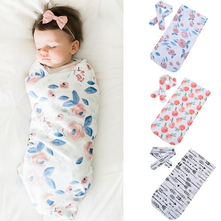 - Newborn Baby Swaddle Blanket Sleeping Swaddle Muslin Wrap + Headband 2pcs Set