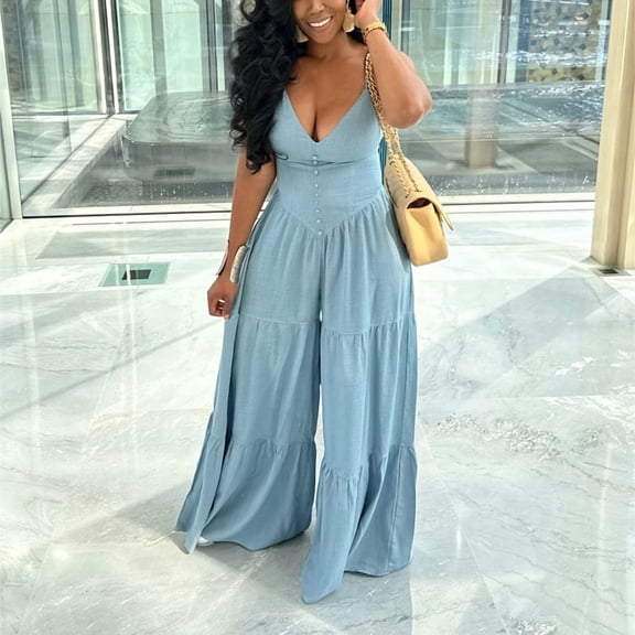 Morttic Solid Color Women's Tiered Wide Leg Jumpsuit – Deep V-Neck with Adjustable Spaghetti Straps and Button Detail Blue,S