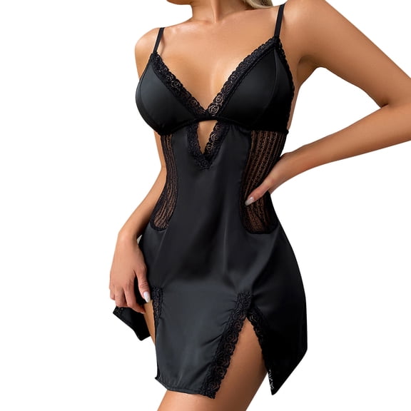 DHFJKG Lace Nightgowns For Women Silk Satin Cami Slim Fit V Neck Solid Color Mini Pajama Dress Side Slit Adjustable Straps Backless Cozy Home Clothes