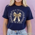 thumbnail image 4 of Jesus Is the Reason Christmas T‑Shirt, Coquette Gold Bow Cross Tee for Faithful Women, 4 of 8