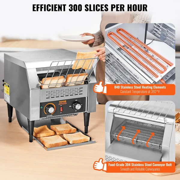 Commercial Conveyor Toaster 300 Slices Per Hour Heavy Duty Stainless Steel Electric Restaurant Toaster for Toast Bun Bagel Bread