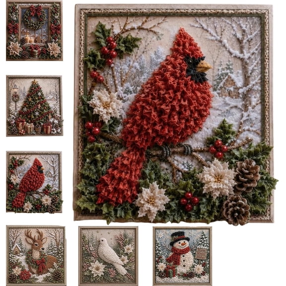 3D Christmas Fabric Poke Art Kit, 3D Fabric Poke Art Kit for Adults with Pre-Cut Squares, Adult DIY Needle Punch Craft Kit, Vintage Holiday Handmade Decoration