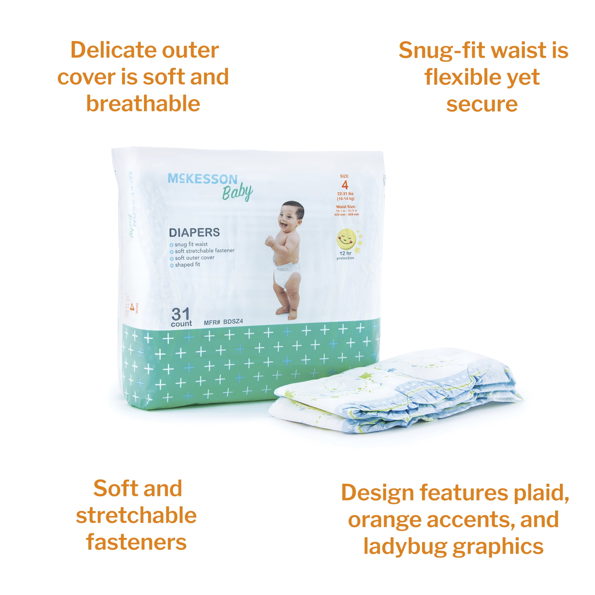 McKesson Unisex Breathable Overnight Baby Diapers, 12-Hour Absorption, Size 4 - 22 to 37 lbs, 31 Count, 4 Packs, 124 Total