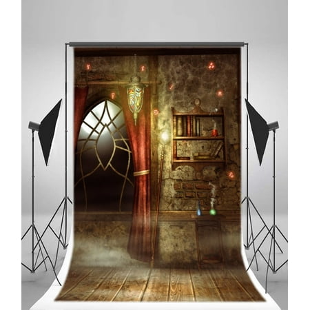HelloDecor Polyester 5x7ft Photography Backdrop Halloween Interior Arch Window Red Curtain Magic Books Shabby Chic Blurry Wall Retro Stripes Wood Floor Interior