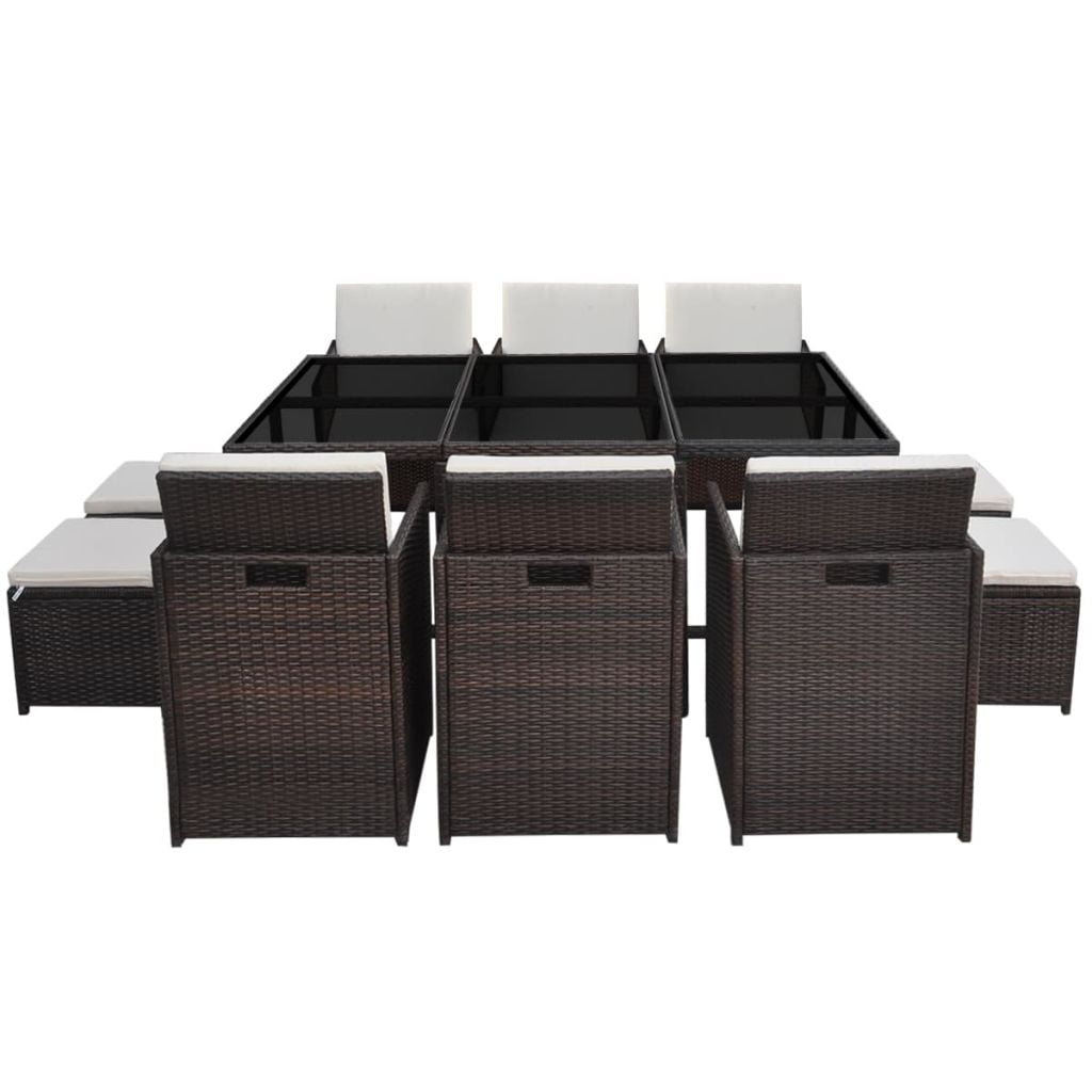Kepooman 11 Pcs Patio Rattan Dining Table Sets with Glass Table for Outdoor Garden, Brown