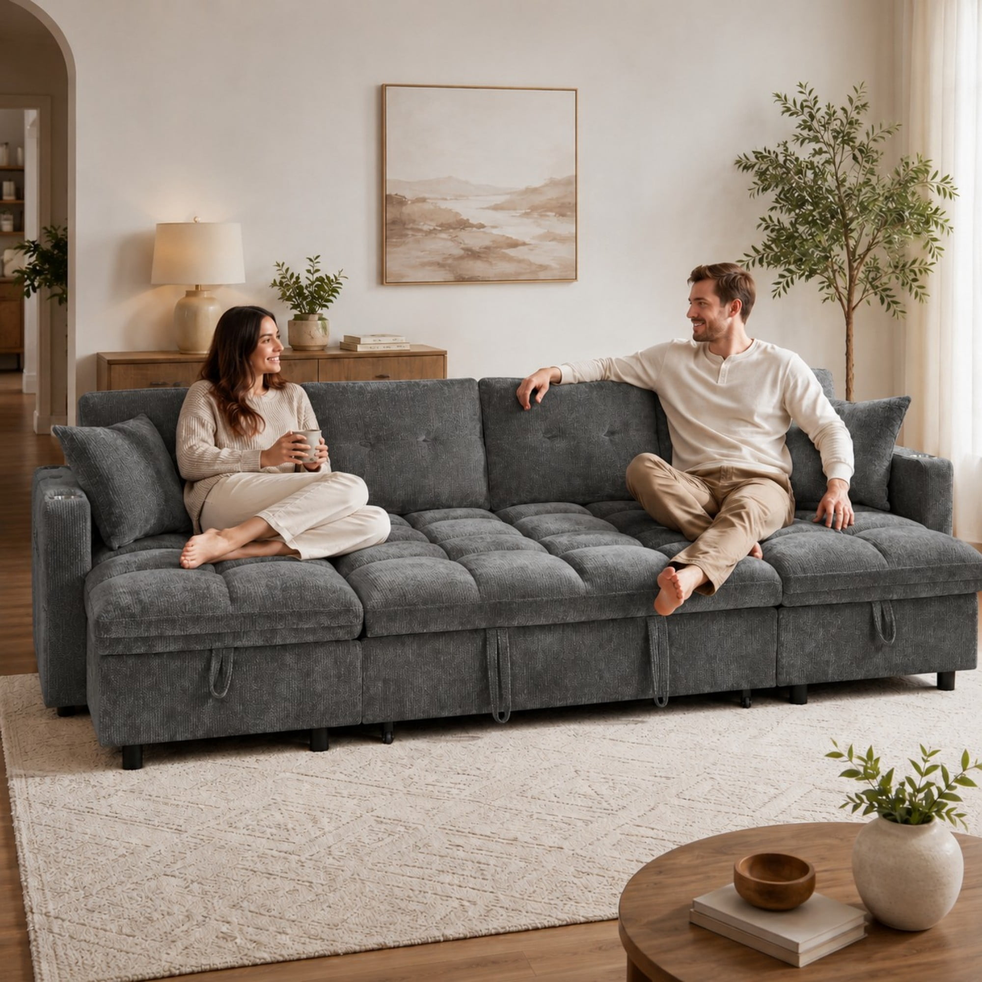 DEALTOPS 108" Chenille U-Shaped Sectional Pull Out Sleeper Sofa Bed with Storage Chaise, USB & Tray Table, Gray