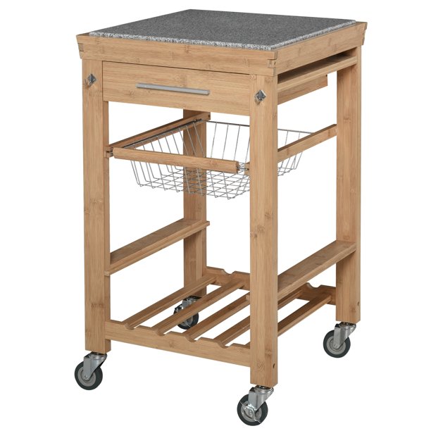 Bamboo Rolling Kitchen Island Trolley Storage Cart with Granite