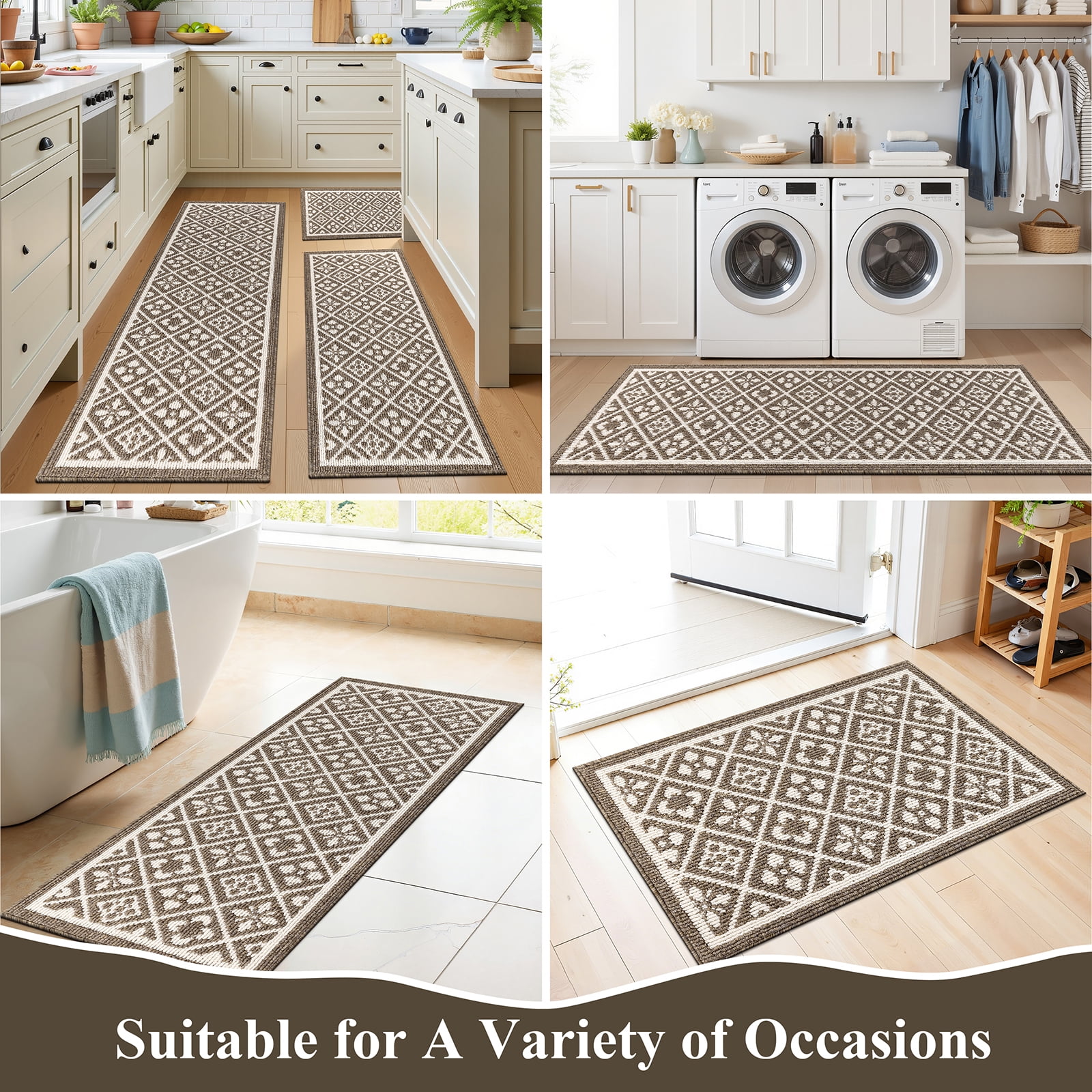Vaukki Farmhouse Kitchen Rugs Sets of 3, Non Slip Kitchen Floor Mats Washable Kitchen Runner Rug, Brown