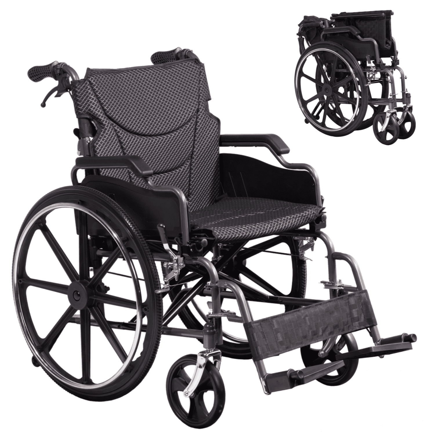 Folding Transport Wheelchair with 18-Inch Seat, Locking Hand Brakes, 24-Inch Quick-Release Rear Wheels, Front & Rear Brakes, Nanometer Gray