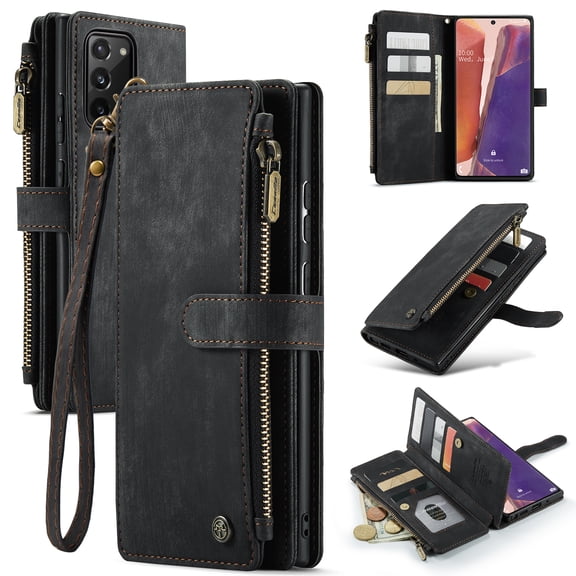 for Samsung Galaxy Note 20 Case, Wallet Case with Card Holder Kickstand Magnetic Zipper Pocket Lanyard Strap Wristlet,Leather Flip Case Wallet for Samsung Galaxy Note 20,Black