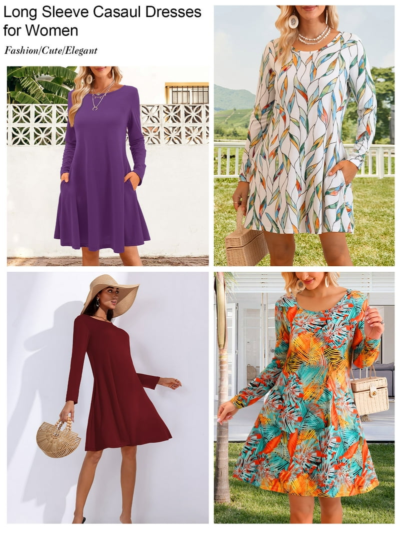 Fancyglim Dresses for Women Long Sleeves Casual Crew Neck Loose Flowy Short Dress with Pockets Leaf White 2XL