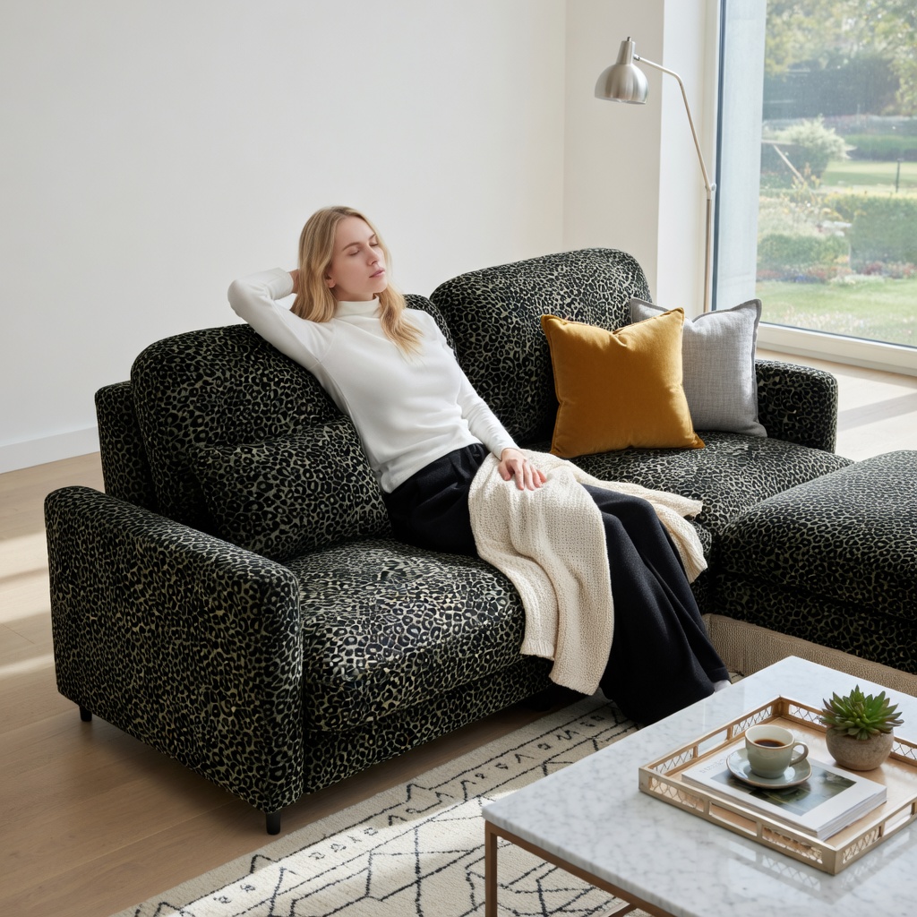 Hommoo 131" Modern Leopard Print Chenille L-Shaped Sofa Set with Movable Ottoman, Tassel Trim & Ergonomic Deep Seat, 4-Seat Modular Living Room Sofa, Green Black