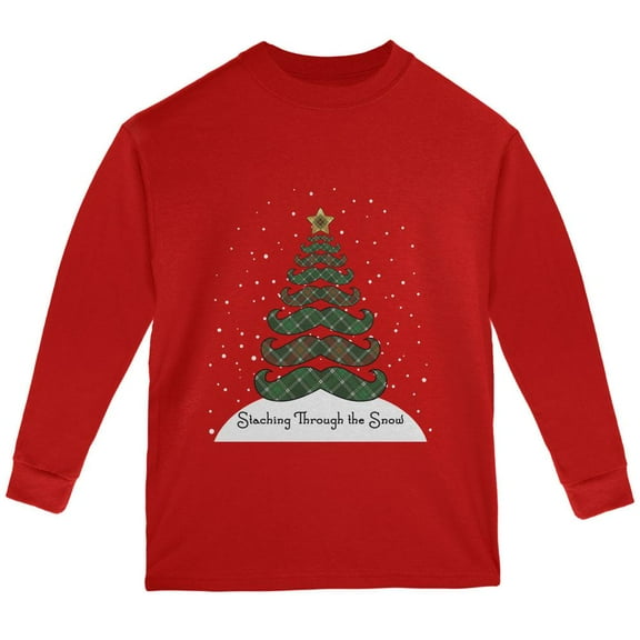Christmas Staching Dashing Through the Snow Mustache Pun Youth Long Sleeve T Shirt Red YLG
