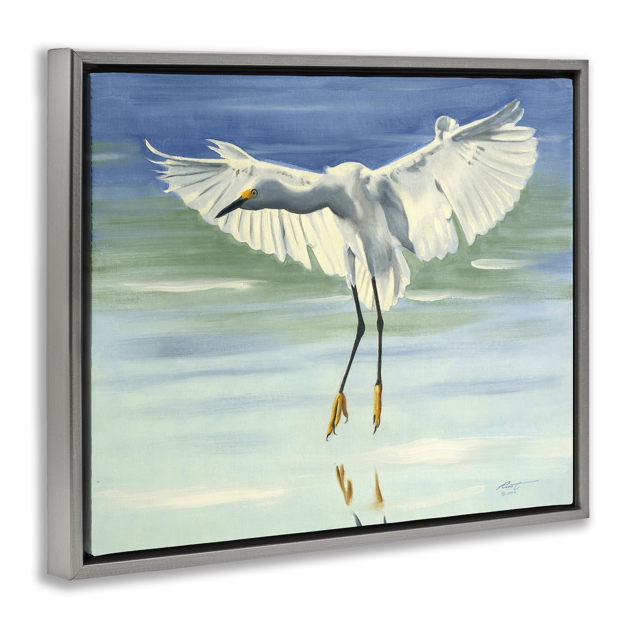 Stupell Industries Snowy Egret on Beach Animals & Insects Painting Gray Floater Framed Canvas Art Print Wall Art, 21 x 17