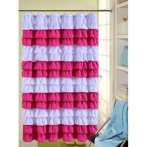 Waterfall Ruffled Nautical Stripe Fabric Shower Curtain pink white