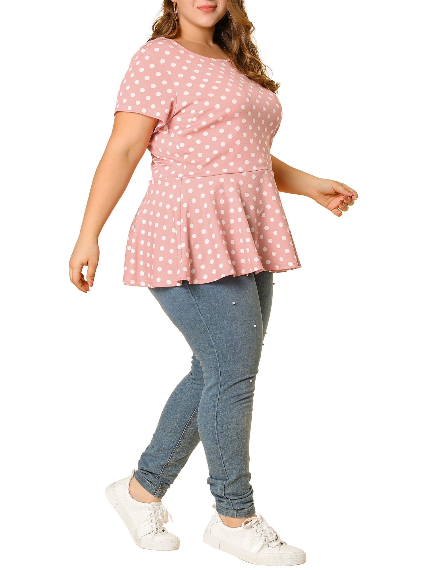 Unique Bargains Women's Plus Size Short Sleeves Polka Dots Outfits Fashion Peplum Blouse