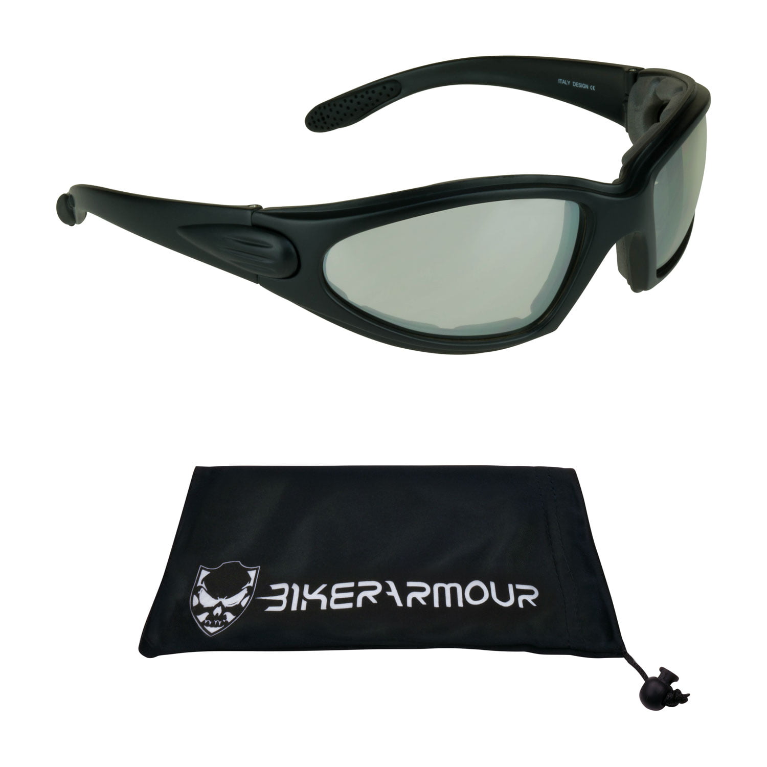 Motorcycle wraparound clear glasses with foam padding and antifog lenses pouch 