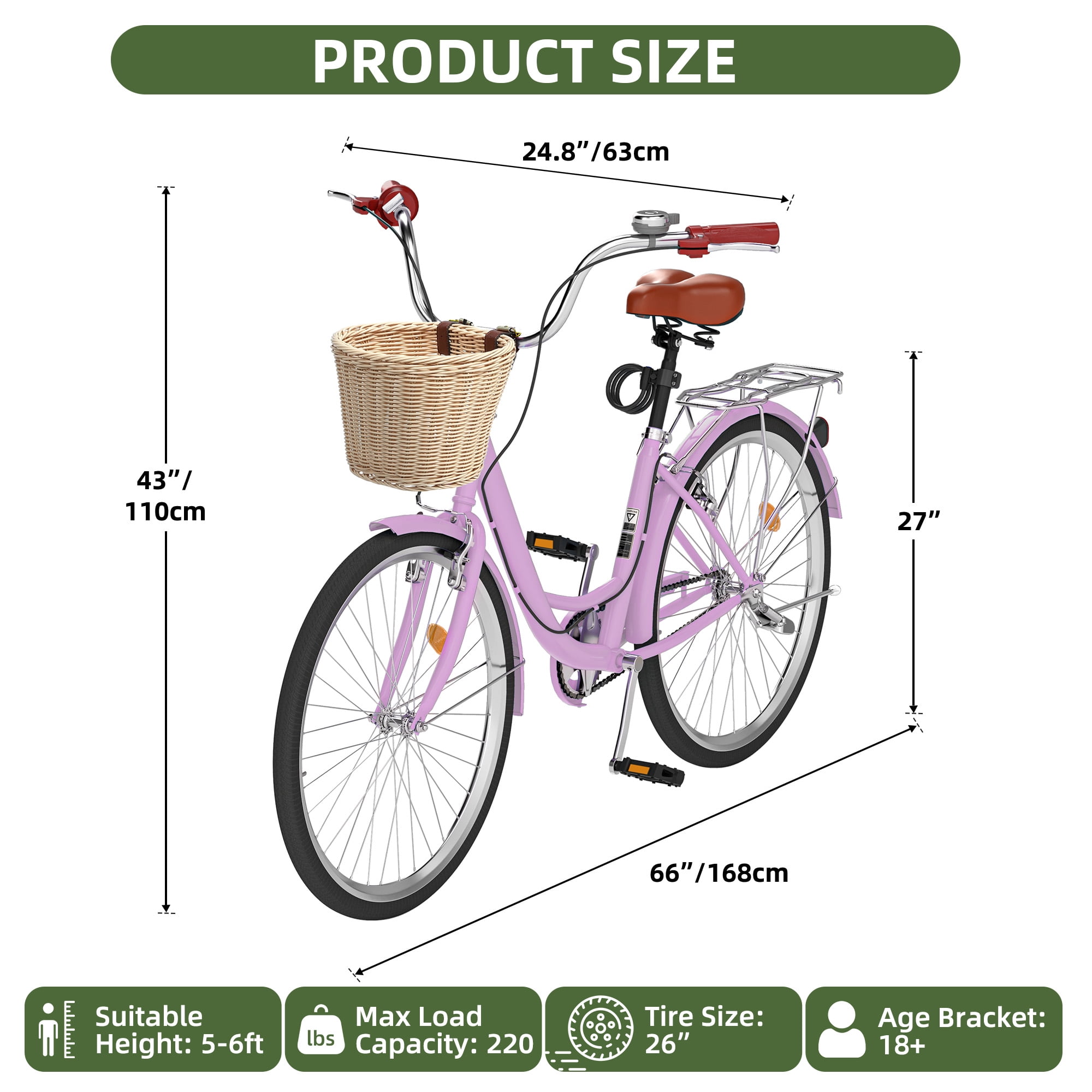 Uforic 26" Beach Cruiser Bike for Women, Adjustable Seat Single-Speed Commuter Bike Bicycle for Adults, Purple