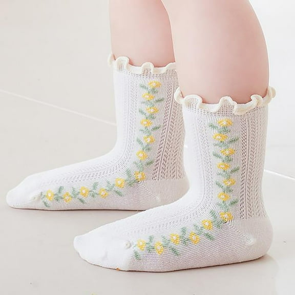 NAISIBABY Toddler Girls Mid-Tube Socks, Cotton Stretch Breathable Cute Floral Socks Beige (0-5T)