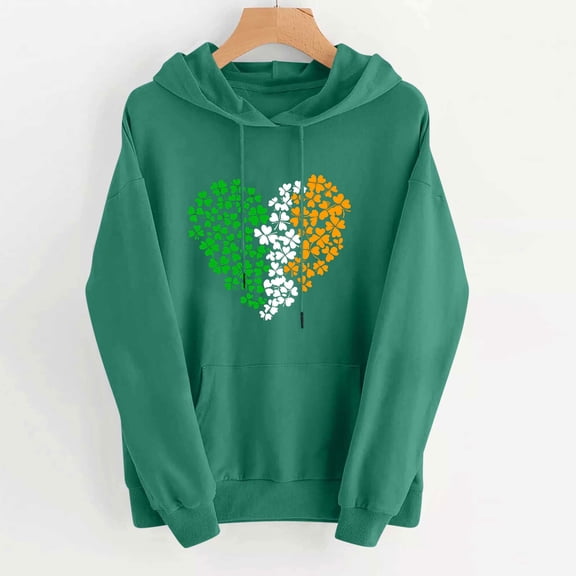 NuoCaiYun Hoodies for Women St. Patrick's Day Funny Graphic Print Long Sleeve Hooded Drawstring Pullover Sweatshirts with Pocket
