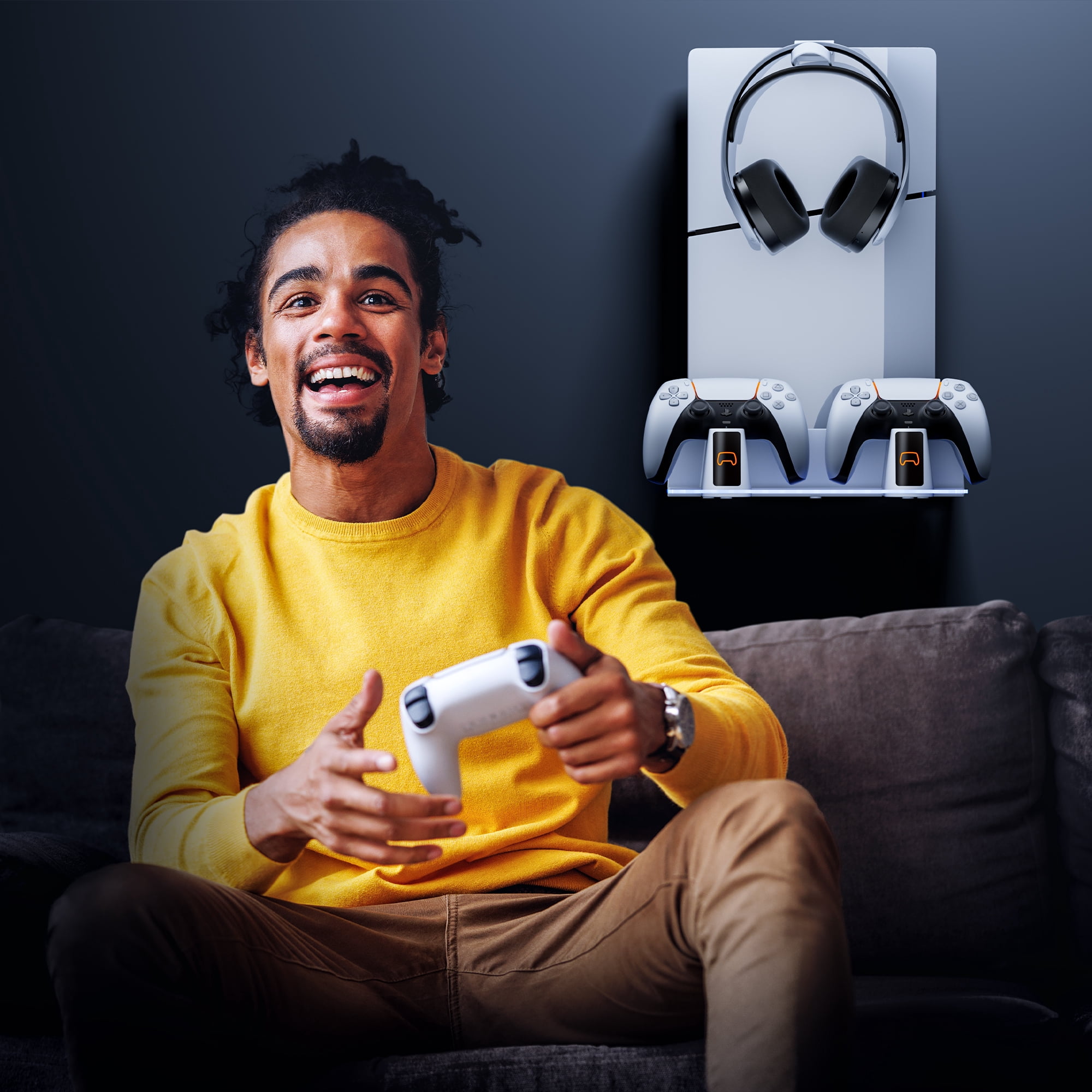 PS5 RGB Wall Mount Kit with Dual Charging Station, Shelf Mount Compatible with Both PS5 and New PS5 Slim Consoles, Wall Hanging Stand for Playstation 5 Accessories with Headset Holder