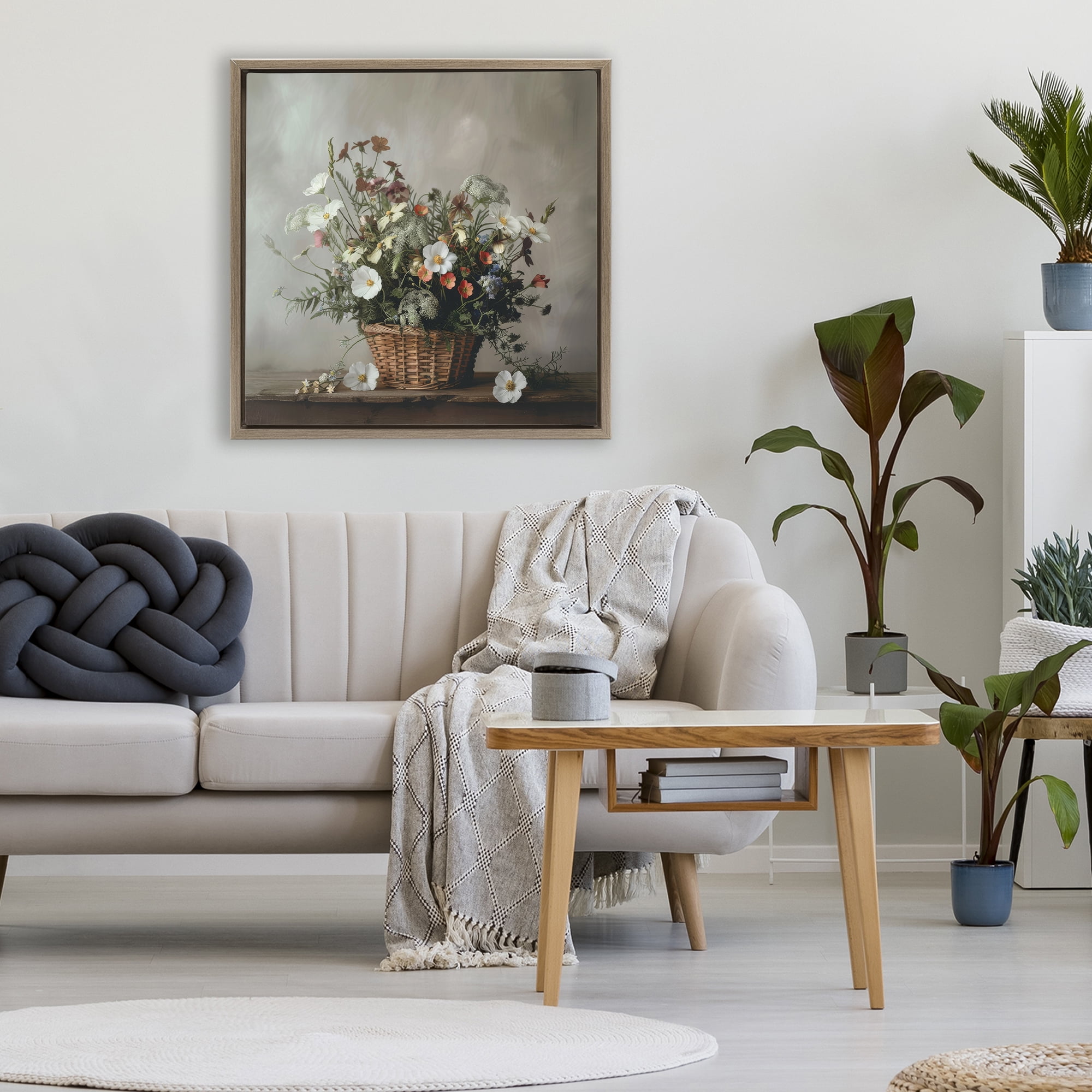 Stupell Industries Flowers In A Basket Arrangement Brown Framed Floater Canvas Wall Art, design by Lazar Studio