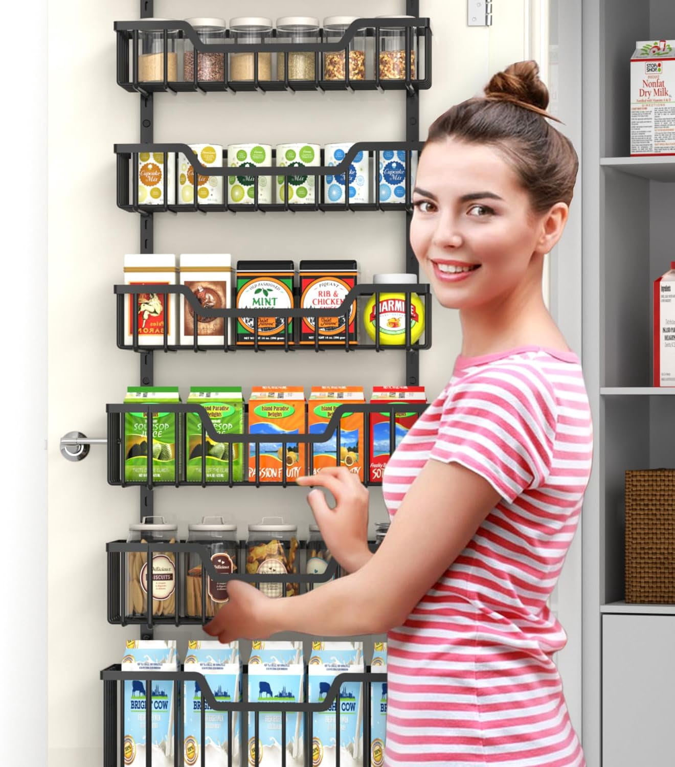 Over The Door Pantry Organizer, 8-Tier Shelves with Adjustable Baskets | Metal Spice Rack for Kitchen, Pantry, Cabinet