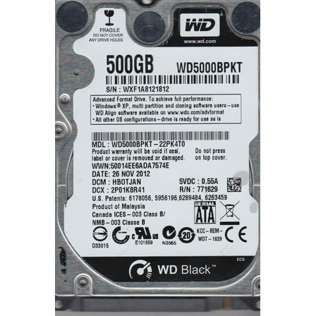 WD5000BPKT-22PK4T0, DCM HBOTJAN, Western Digital 500GB SATA 2.5 Hard Drive