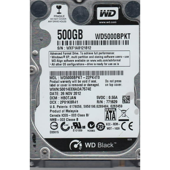 WD5000BPKT-22PK4T0, DCM HBOTJAN, Western Digital 500GB SATA 2.5 Hard Drive