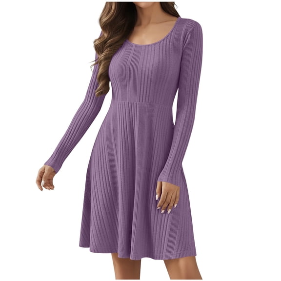 Sweater Dress Sevevn Womens Crew Neck Long Sleeve Fall Dresses Casual Babydoll Sweater Dress Purple L